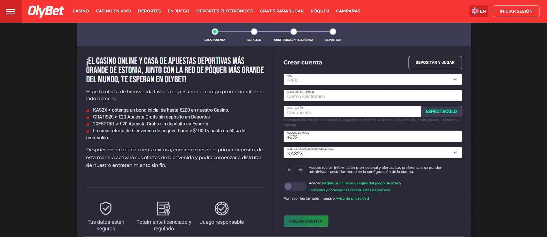 Paso oficial de registro o verificación de OlyBet España sin datos personales reales