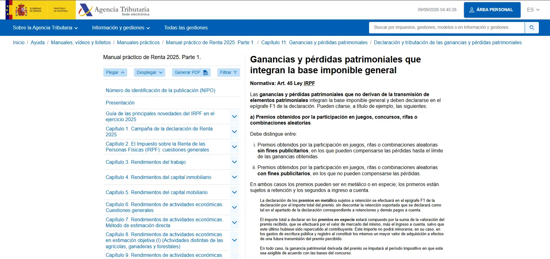 Página oficial de la Agencia Tributaria sobre ganancias y pérdidas patrimoniales del juego