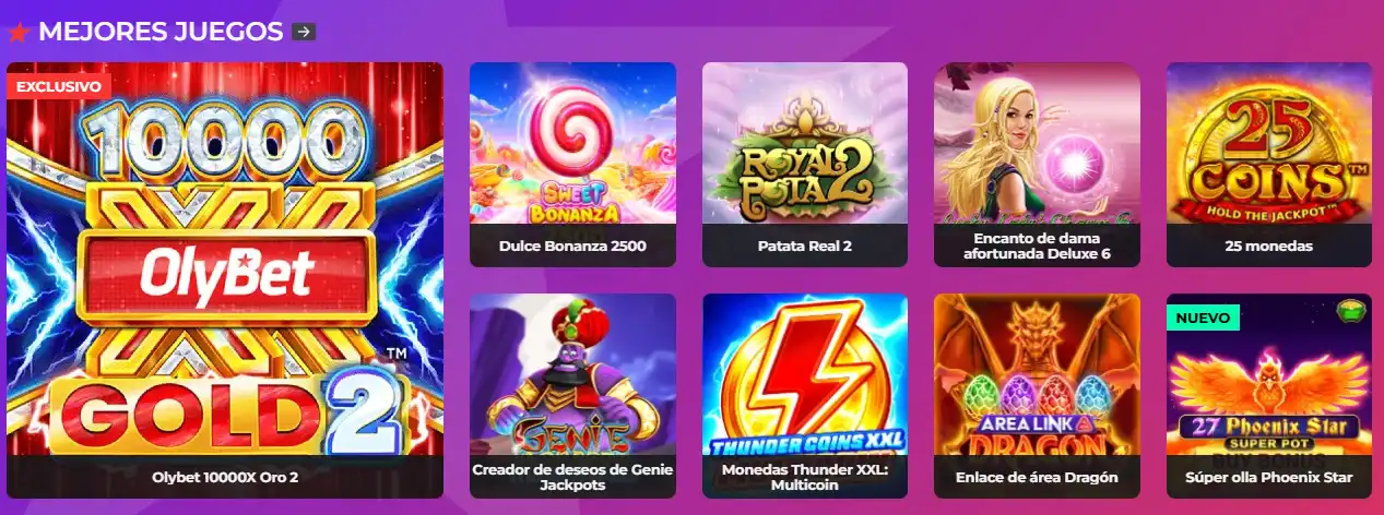 Lobby actual de OlyBet Casino España con varias categorías de juegos visibles