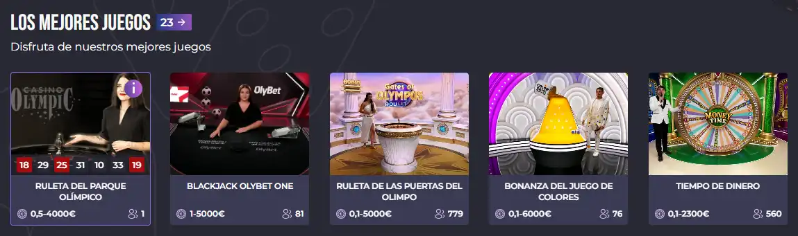 Lobby oficial de casino en vivo de OlyBet España con ruleta y blackjack visibles
