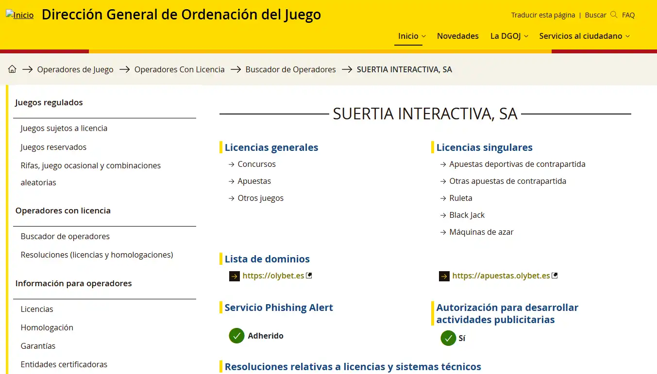 Ficha oficial de Suertia Interactiva S.A. en el registro DGOJ